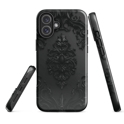 Black embossed damask phone case with gothic baroque pattern.