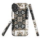 Moroccan tile pattern phone case in black, white, and gold tones with vintage-inspired design.