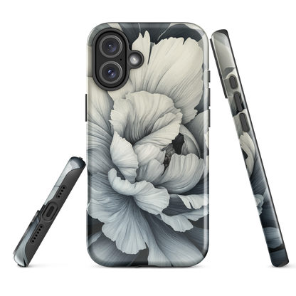 Black and white floral phone case featuring a soft, moody peony design by New Zealand artist Ben Hart.