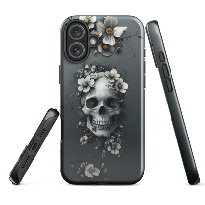 Gothic phone case with a floral skull design in grey tones, featuring white blossoms and dark detailing.