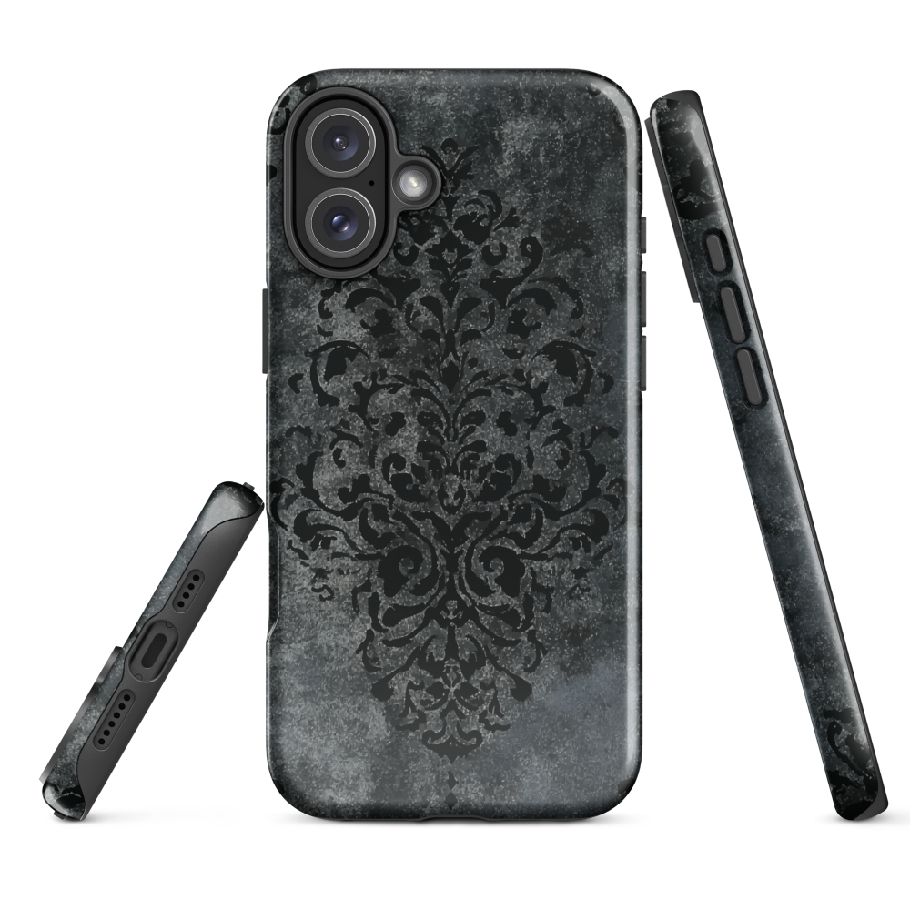 Dark damask patterned phone case with a vintage gothic aesthetic and textured stone background.