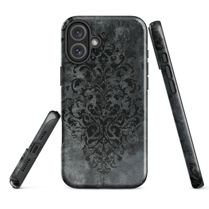 Dark damask patterned phone case with a vintage gothic aesthetic and textured stone background.
