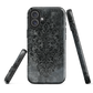 Dark damask patterned phone case with a vintage gothic aesthetic and textured stone background.