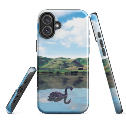 Phone case with a black swan on a calm lake, New Zealand hills in the background. Art by NZ designer Ben Hart.