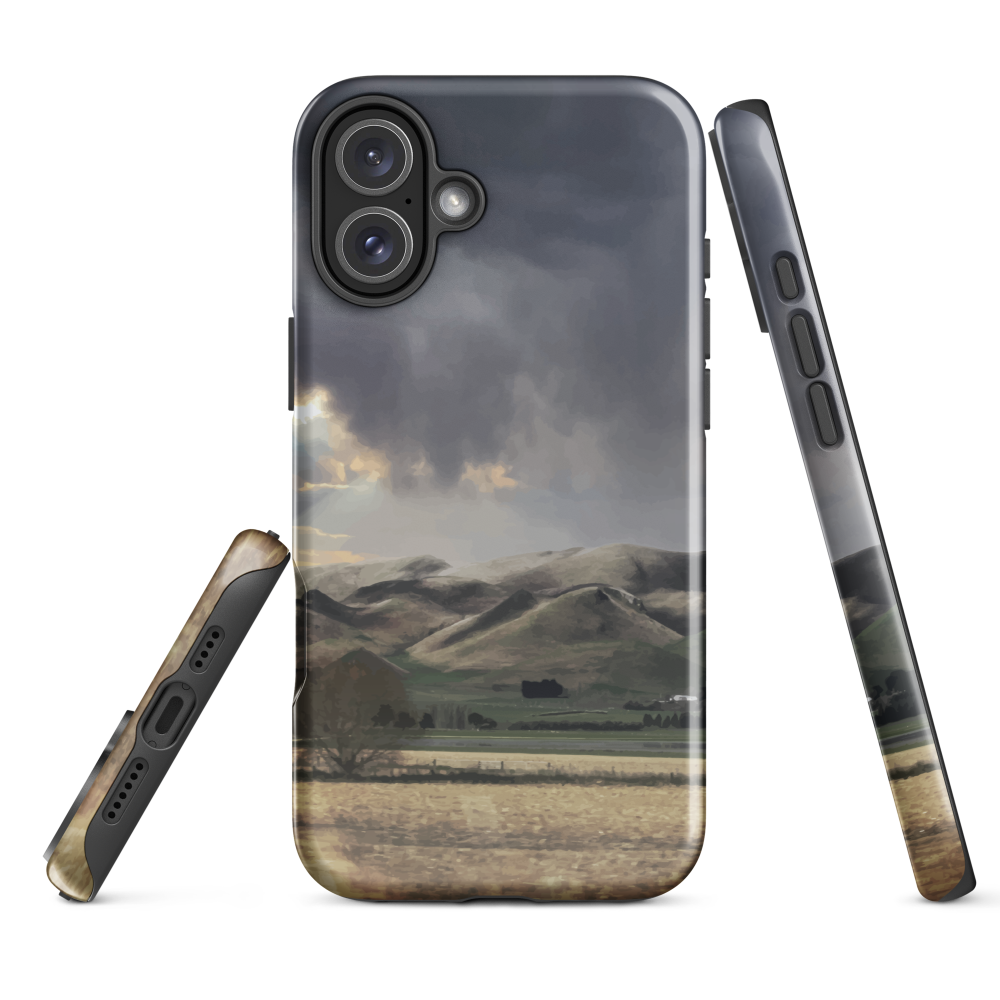 Designer phone case with NZ landscape painting of Te Hauke and cloudy skies by Ben Hart.