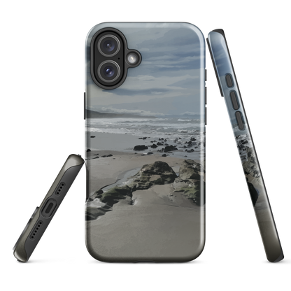 Phone case with artwork of Riversdale Beach, Masterton – rocks, waves and sky by NZ artist Ben Hart.