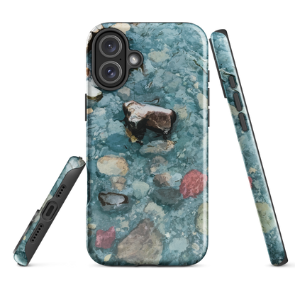 Washed Away designer phone case with abstract river stone artwork in earthy blues and natural tones.