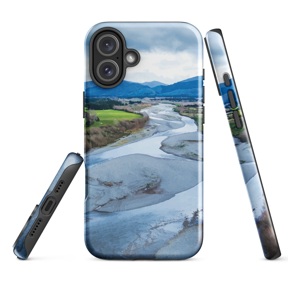 Waiohine phone case featuring artwork of New Zealand’s braided riverbed landscape in the Wairarapa.