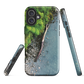 Resting Place phone case with aerial artwork of river rocks, green bush, and driftwood in a New Zealand stream.
