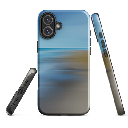 Ocean Breeze phone case with abstract blue and sandy tones inspired by sea and sky.