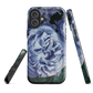 Designer phone case with a bold blue rose artwork and glossy finish.