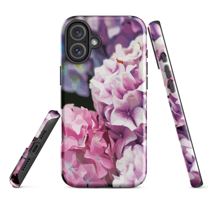 Designer phone case with pink and purple hydrangea floral artwork.