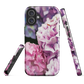 Designer phone case with pink and purple hydrangea floral artwork.