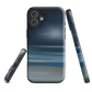 Dark abstract phone case with blue and grey streaks and glossy finish.
