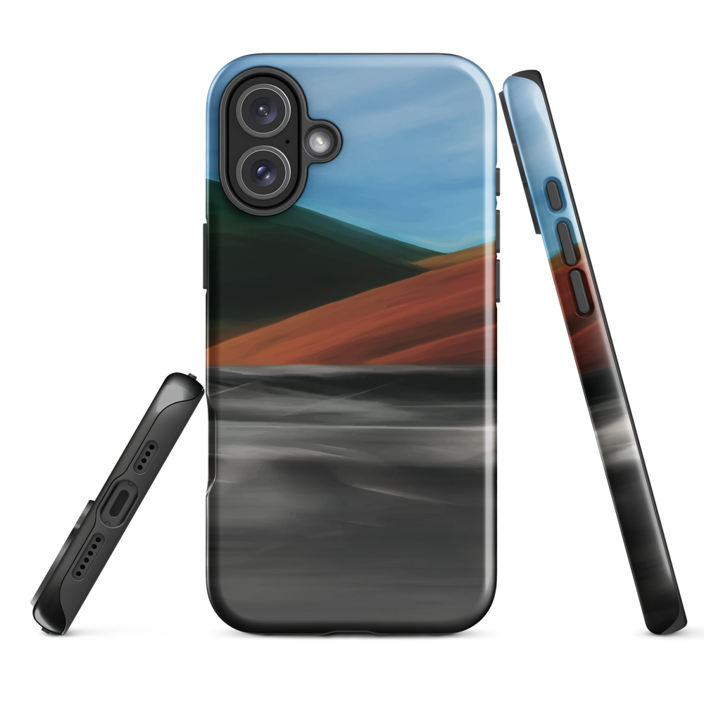Phone case with abstract red, green, and blue heat wave landscape design.