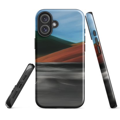 Phone case with abstract red, green, and blue heat wave landscape design.