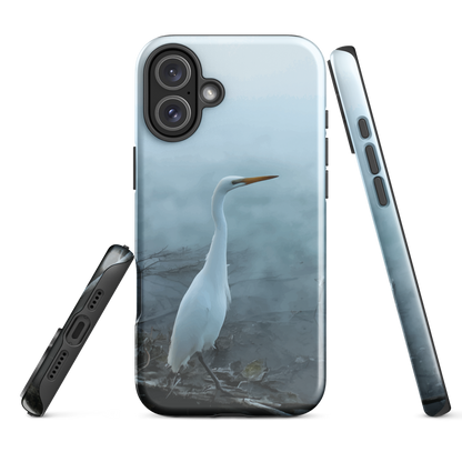 Phone case with a white heron standing in a misty wetland scene.