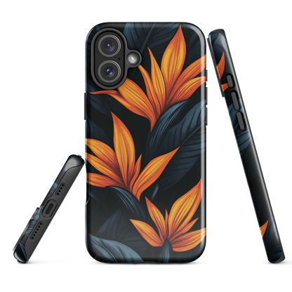 Phone case with bold orange bird of paradise flowers on dark background.