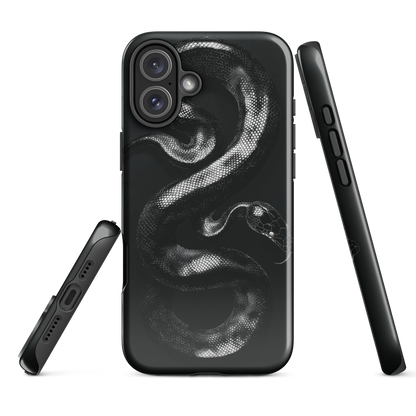 Phone case with detailed black python design on dark background.