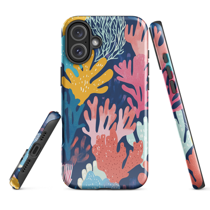 Colourful coral reef phone case design in pink, blue and yellow by NZ artist Ben Hart