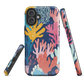 Colourful coral reef phone case design in pink, blue and yellow by NZ artist Ben Hart
