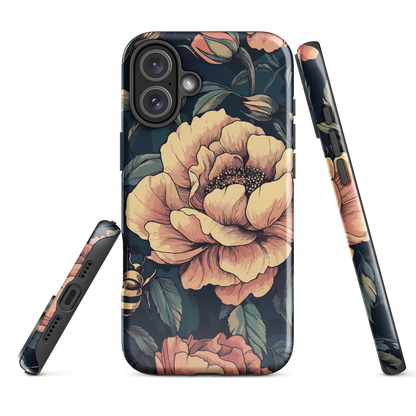 Phone case with vintage-style pink roses and bees on dark background, floral New Zealand artwork.