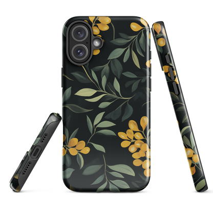 NZ Kowhai phone case with native yellow floral and green leaves on black background by designer Ben Hart.
