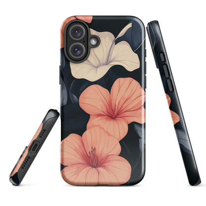 Phone case with coral hibiscus flowers and ivory blooms on dark background