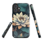 Phone case with ivory water lily, green leaves, and butterfly accents on dark background