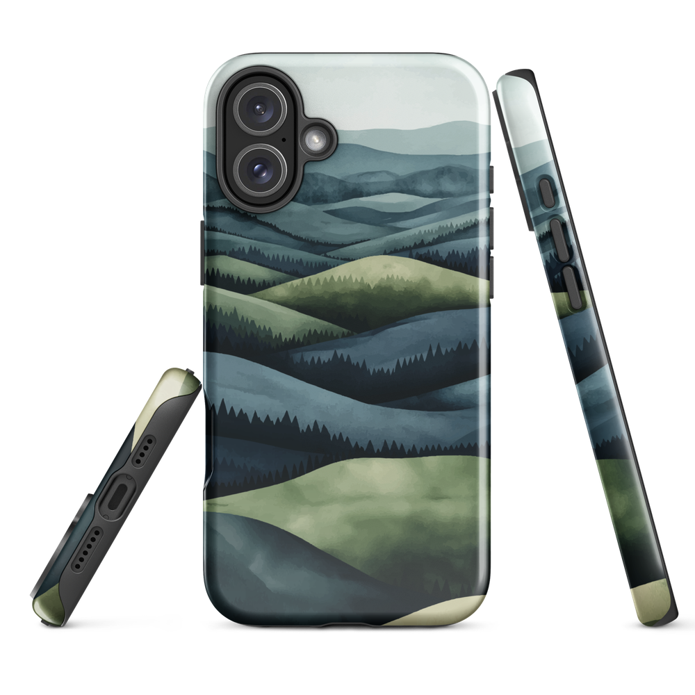 Phone case with layered mountain and forest landscape in blue and green hues