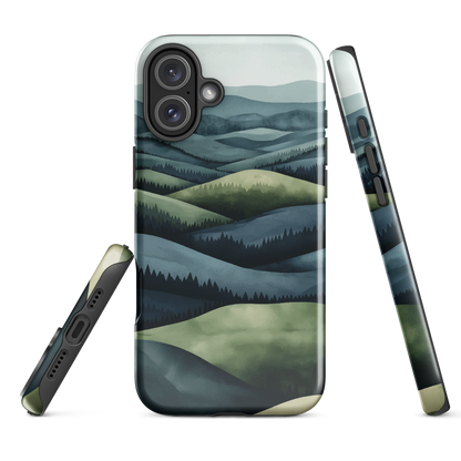 Phone case with layered mountain and forest landscape in blue and green hues