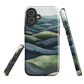 Phone case with layered mountain and forest landscape in blue and green hues
