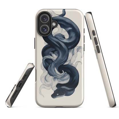 Phone case with black python and smoke design on cream background