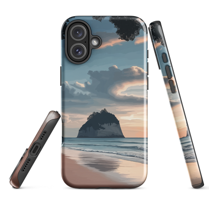Phone case with Cathedral Cove beach and sunset scene, featuring soft skies and sea stack