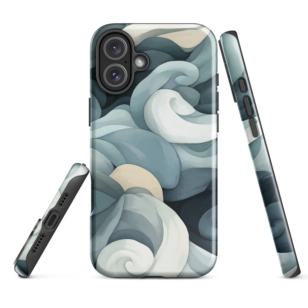 Phone case with abstract swirling ocean waves in blue and cream