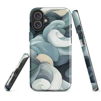 Phone case with abstract swirling ocean waves in blue and cream