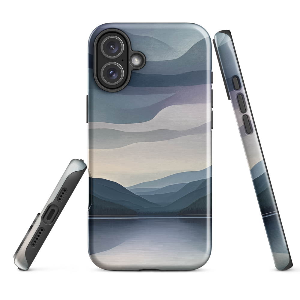 Phone case with moody blue and purple layered mountain and lake landscape artwork
