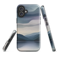 Phone case with moody blue and purple layered mountain and lake landscape artwork