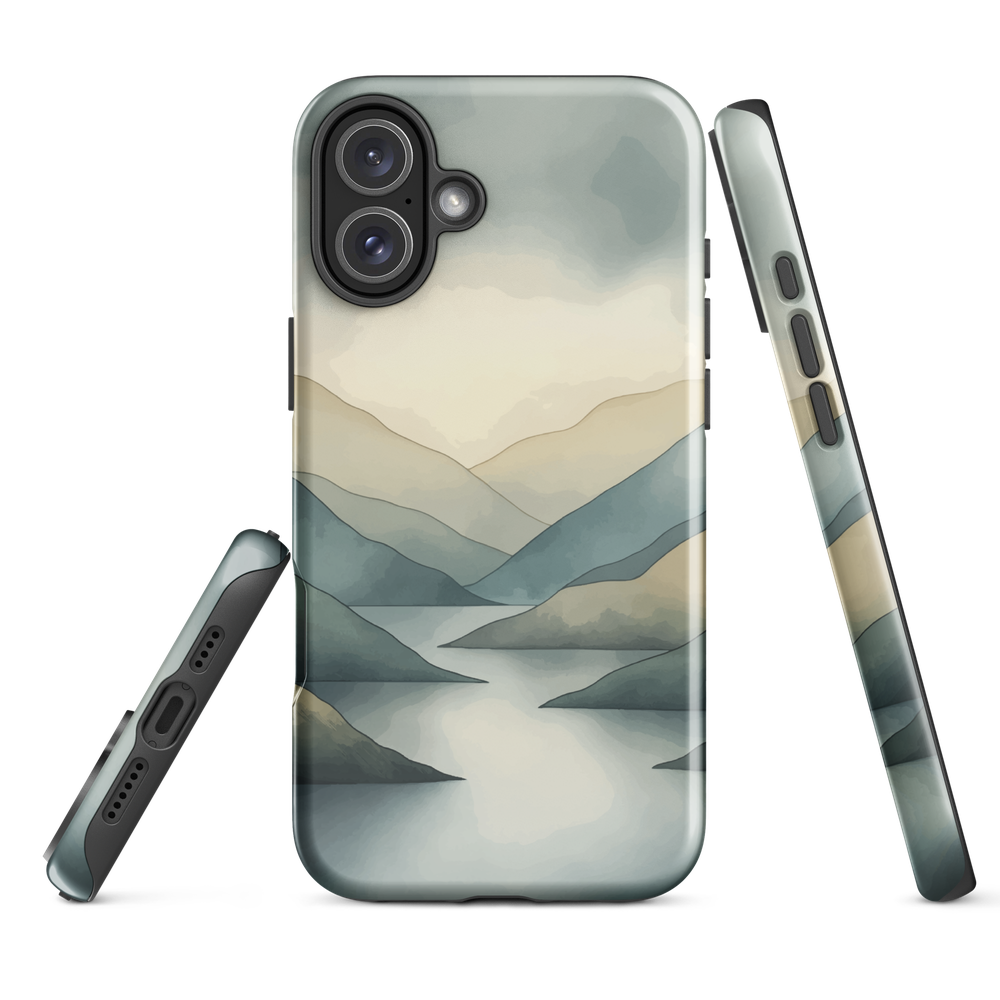 Phone case with soft mountain and valley design in misty green, blue, and golden tones