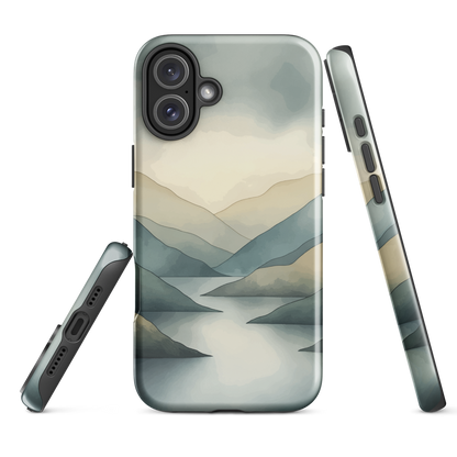 Phone case with soft mountain and valley design in misty green, blue, and golden tones