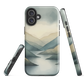 Phone case with soft mountain and valley design in misty green, blue, and golden tones