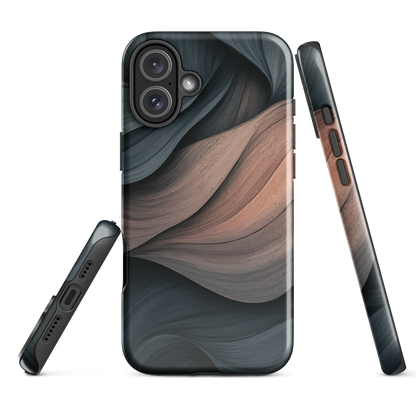Phone case with flowing abstract design in black, copper and charcoal tones, inspired by dusk shadows