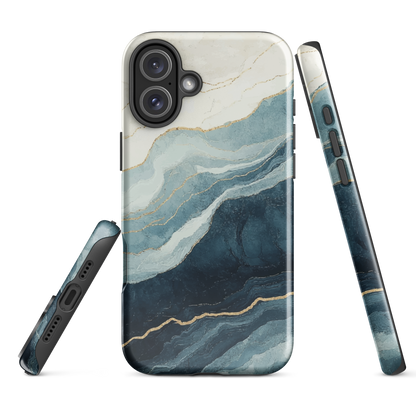 An elegant abstract phone case inspired by layered coastal forms in blue and teal tones.