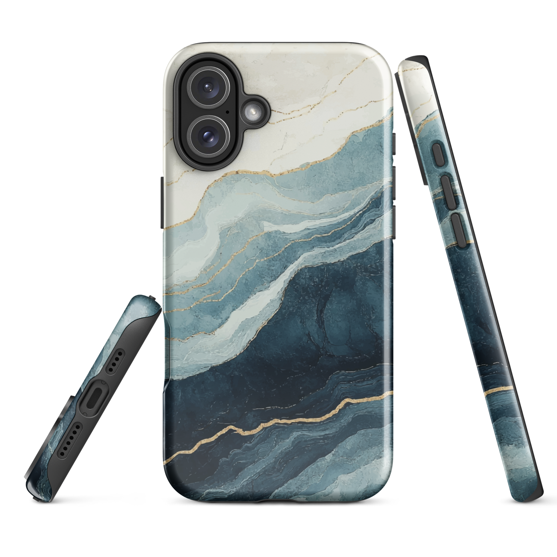 An elegant abstract phone case inspired by layered coastal forms in blue and teal tones.