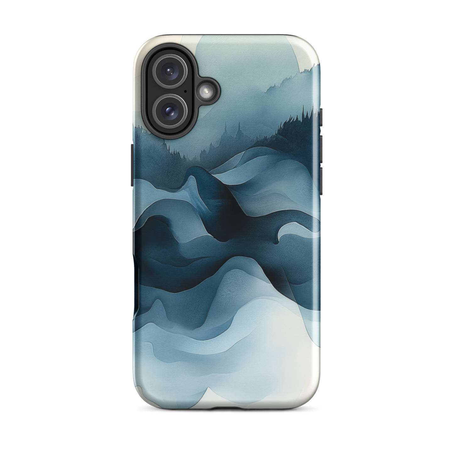 A calming abstract landscape protective phone case inspired by quiet valleys and soft blue tones.