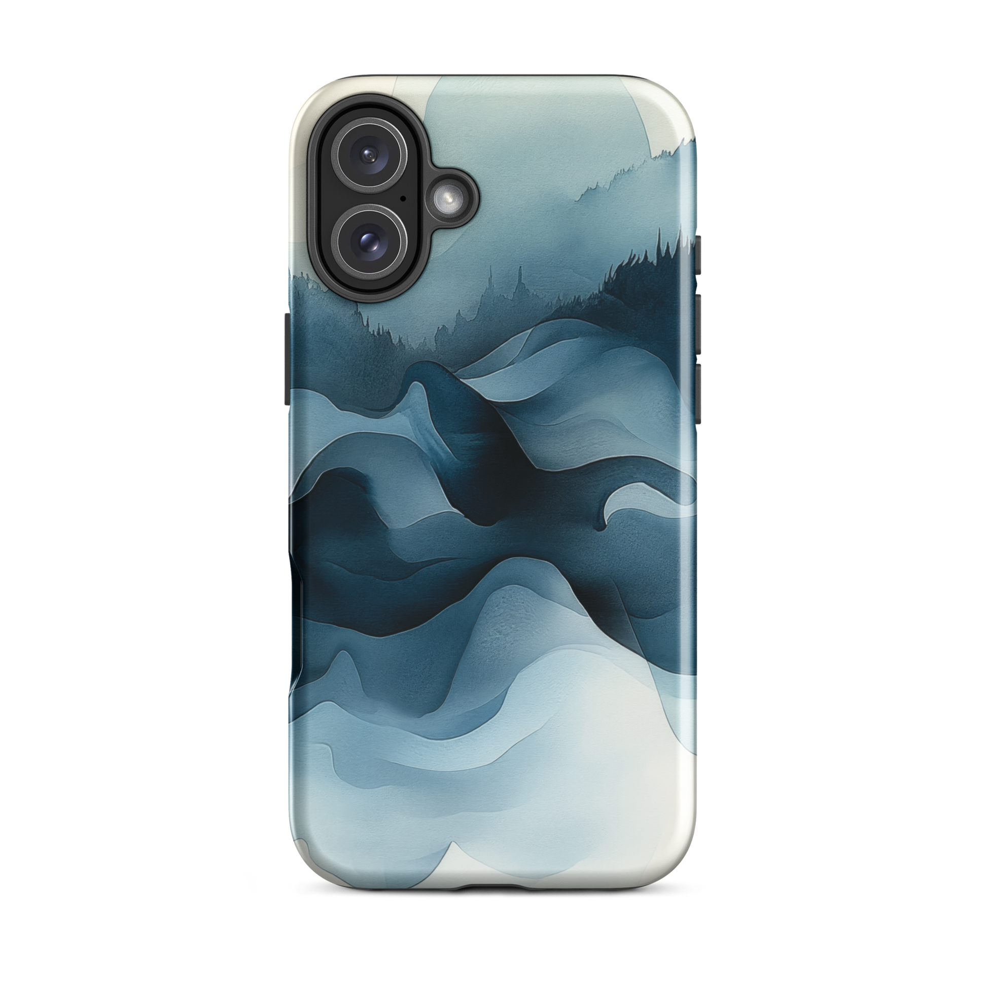 A calming abstract landscape protective phone case inspired by quiet valleys and soft blue tones.