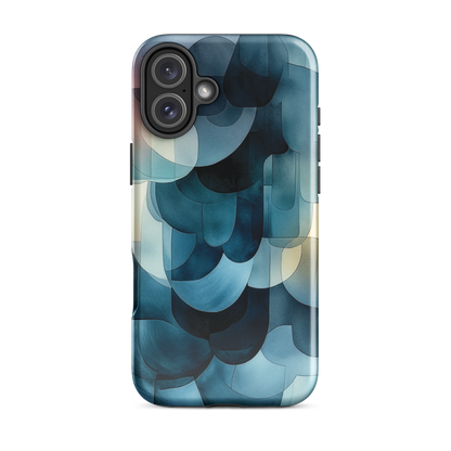 A modern abstract phone case featuring layered blue forms and soft flowing shapes.