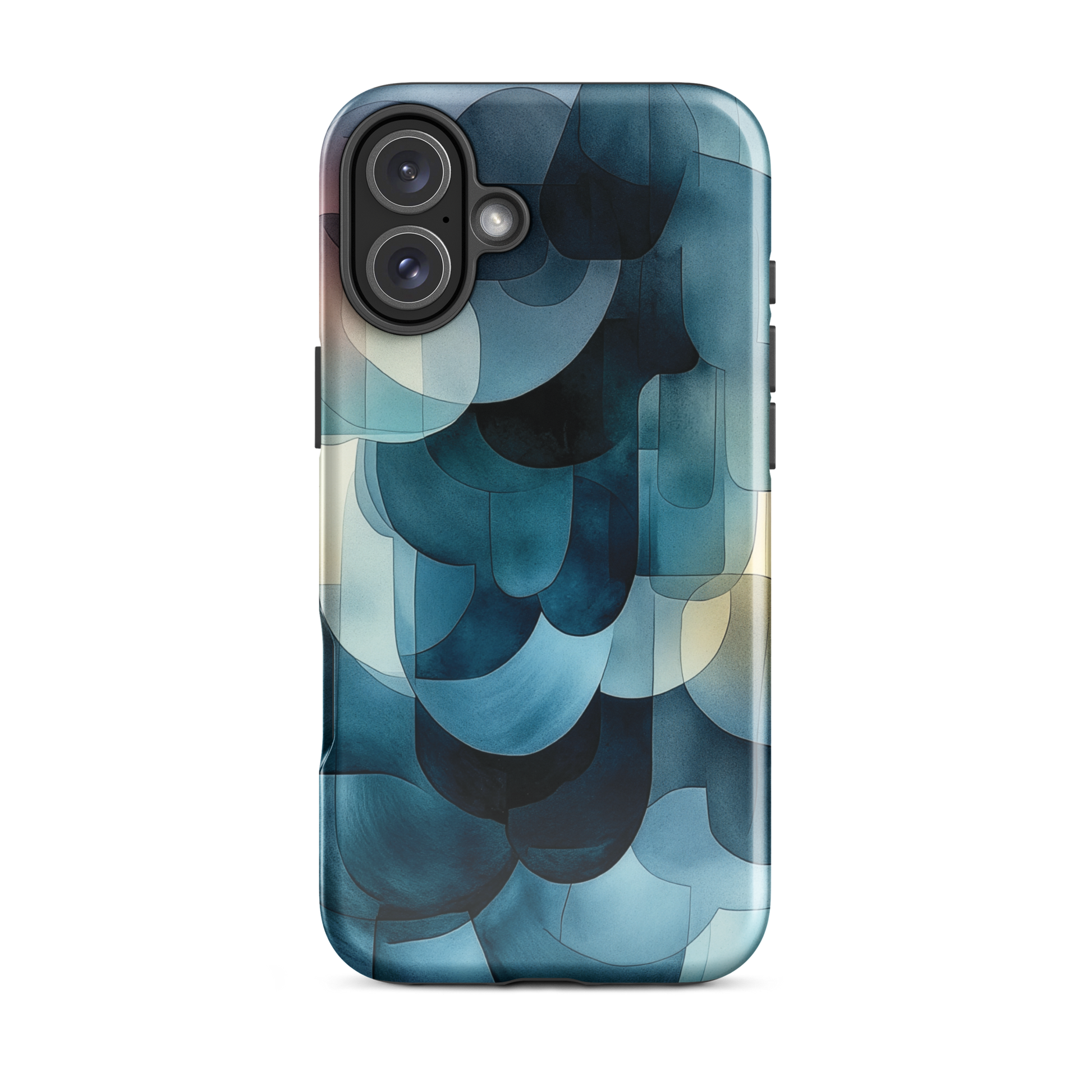 A modern abstract phone case featuring layered blue forms and soft flowing shapes.