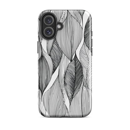 A minimalist phone case featuring fine black botanical linework in a repeating leaf pattern.