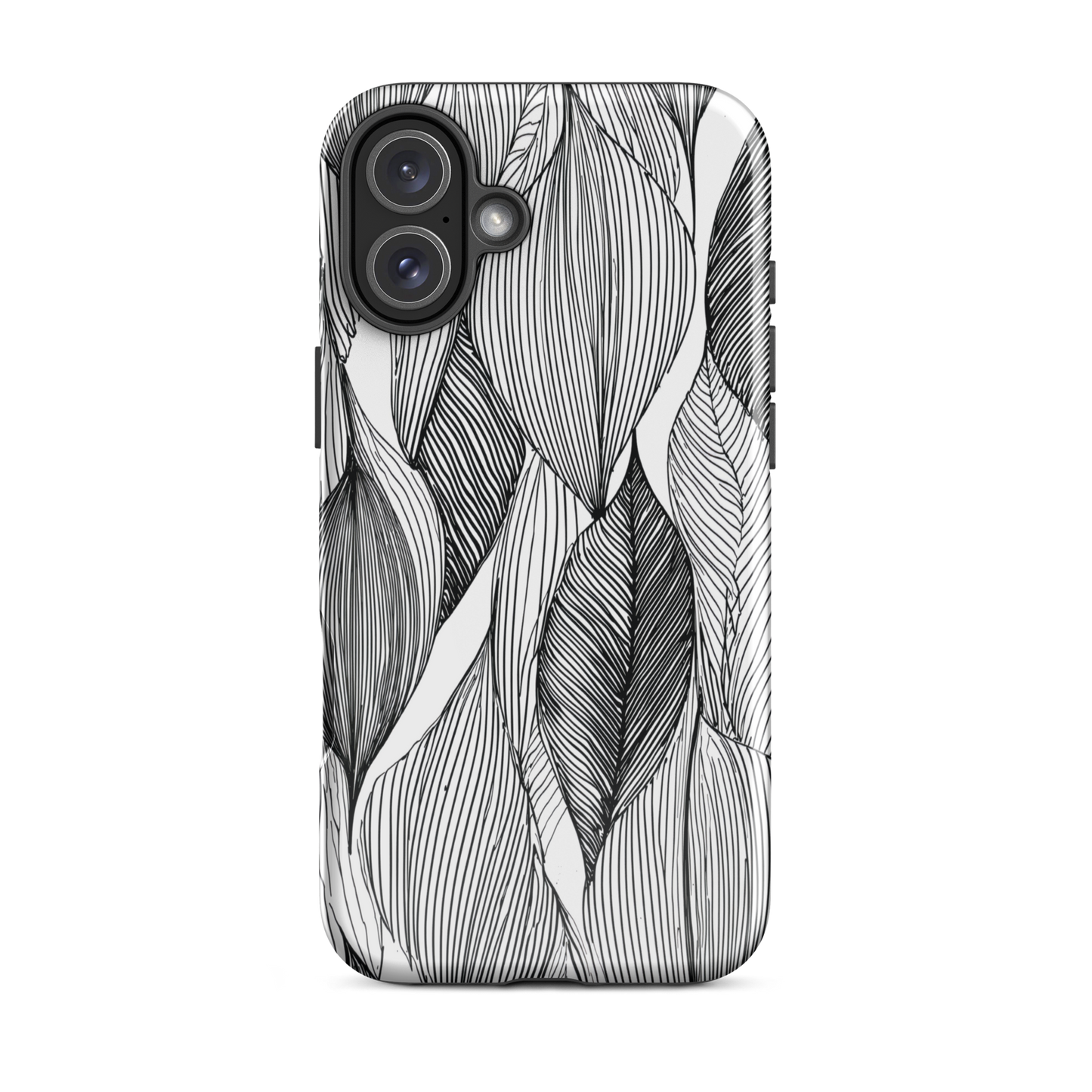 A minimalist phone case featuring fine black botanical linework in a repeating leaf pattern.
